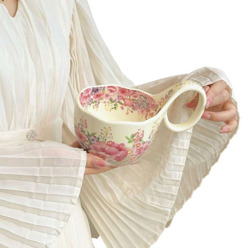 复古美式曲把杯带勺繁花似锦陶瓷马克杯沙拉杯咖啡杯碟早餐燕麦碗|undefined