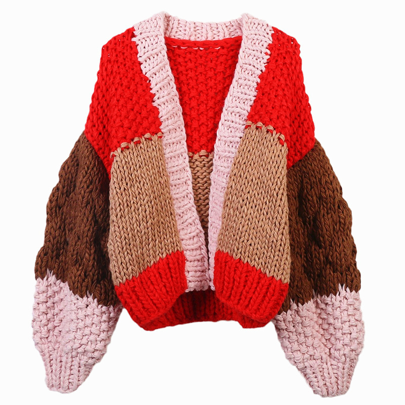 European and American Cross-border Sweater Cardigan 2023 Autumn and Winter New Women's Contrast V-neck Long-sleeved Loose Lazy Coarse Knitted Cardigan