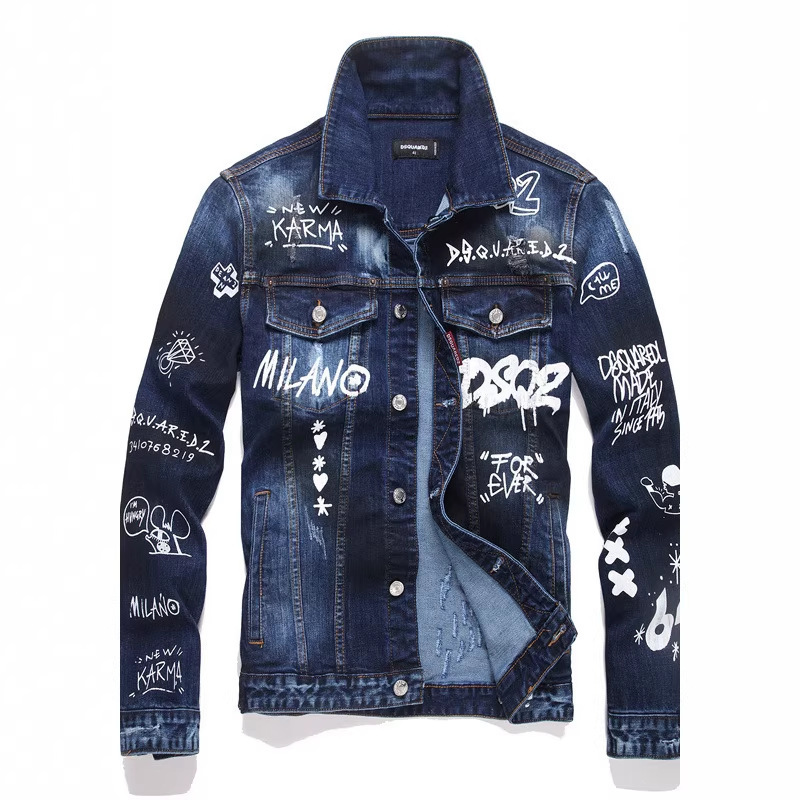 Cross-Border Hot-Selling Personalized Printed Denim Jacket for Men, Heavy-Duty Versatile Lettered Jacket, Heavy-Duty Motorcycle Luxury Style 8282