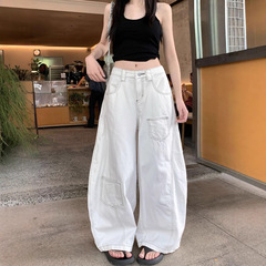 美式复古白色高腰弯刀牛仔裤女休闲百搭夏宽松显瘦拖地阔腿牛仔裤