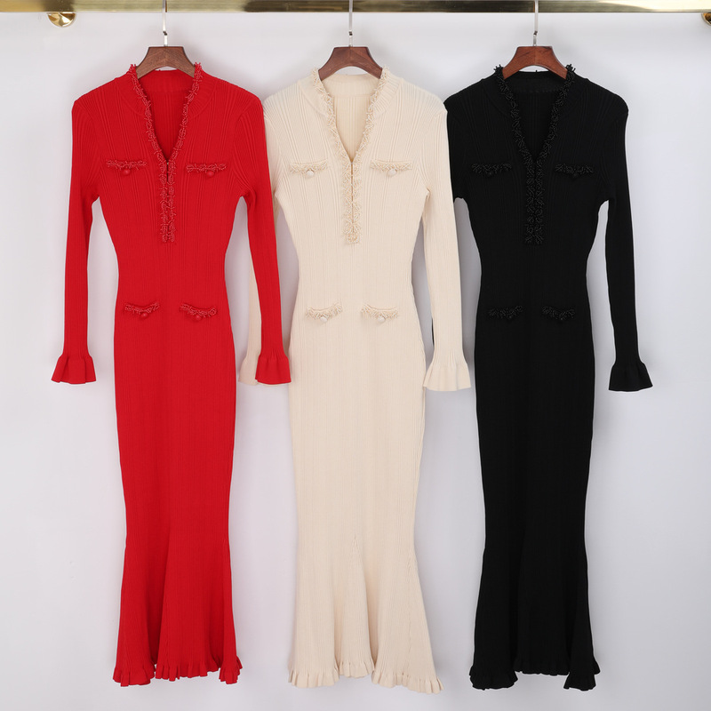 In-Stock High-Quality Autumn and Winter New Fashion Knit V-Neck Slim-Fit Handmade Beaded Long-Sleeve Dress 25200