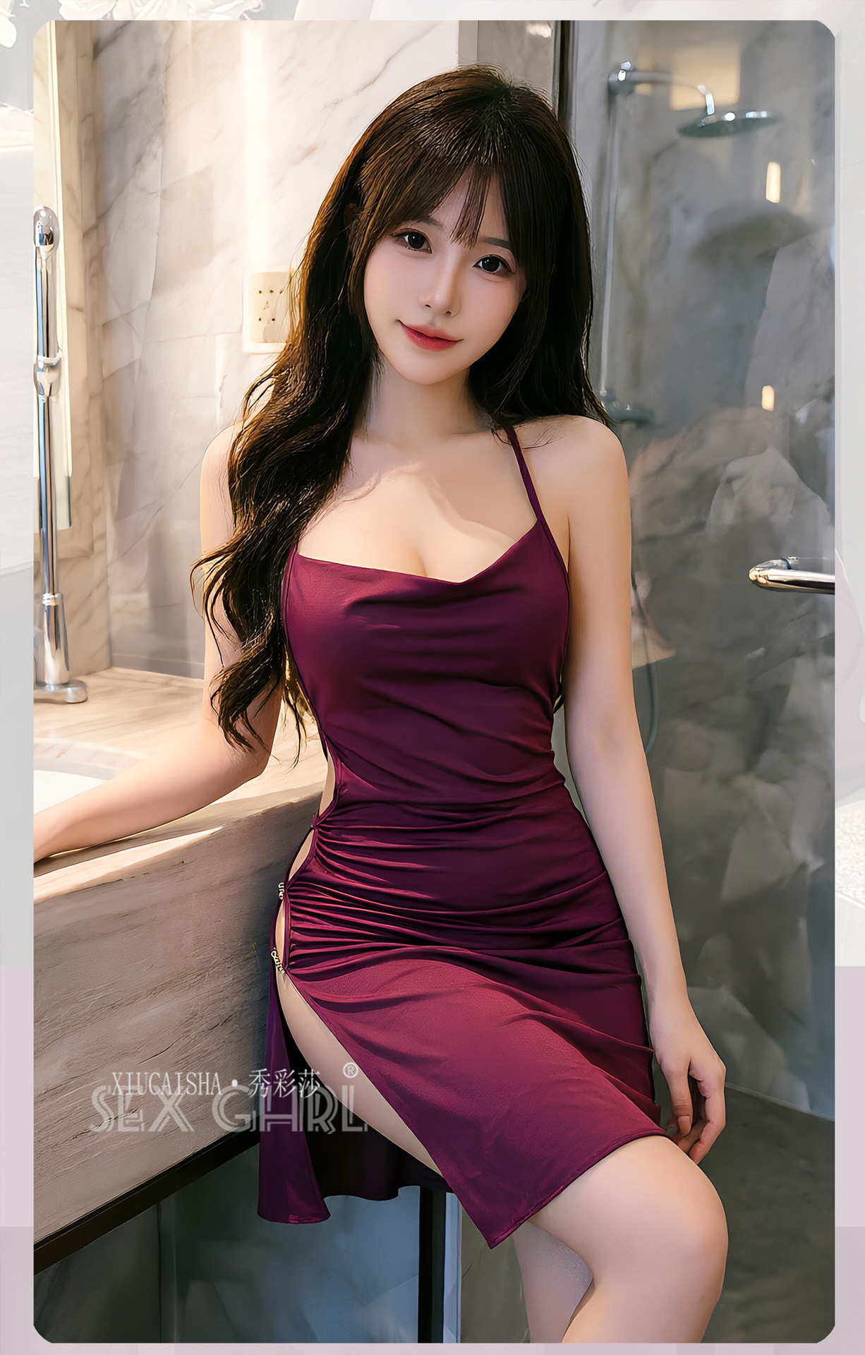 Halter Neck Plus Size Babydoll Nightdress with Side Slits, Black Polyester — detail image 2