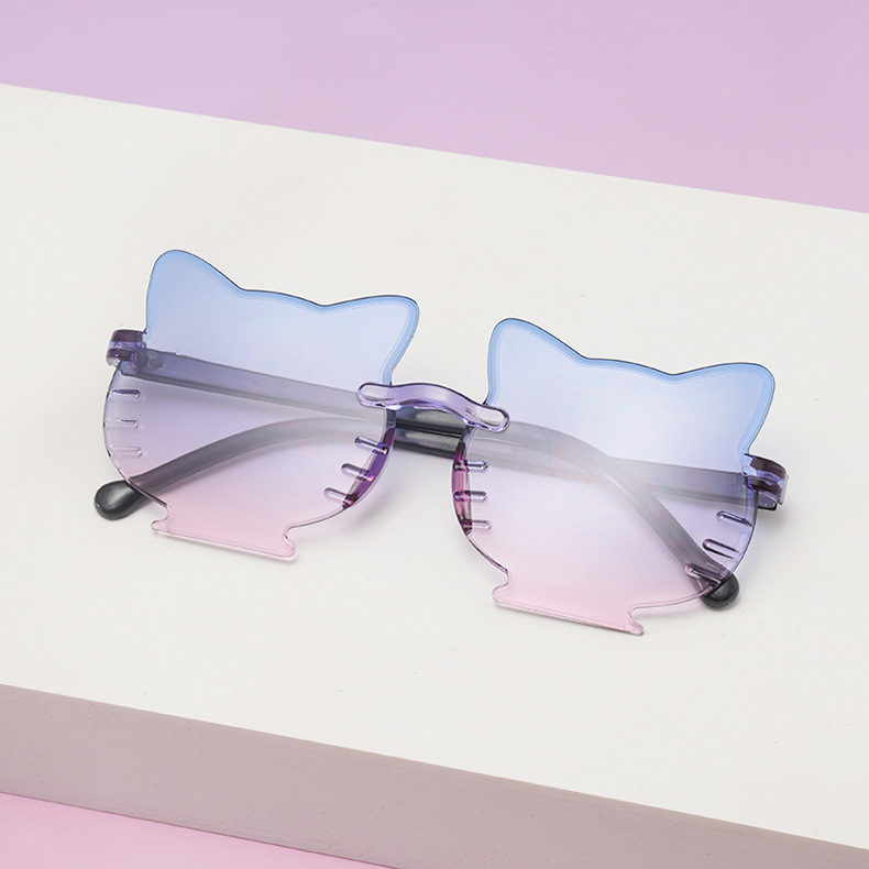 Children Unisex Gender Cute Novelty Sweet Cat PC UV400 Protection Gradient Tinted Lenses Special-Shaped Mirror Frameless Kids Sunglasses