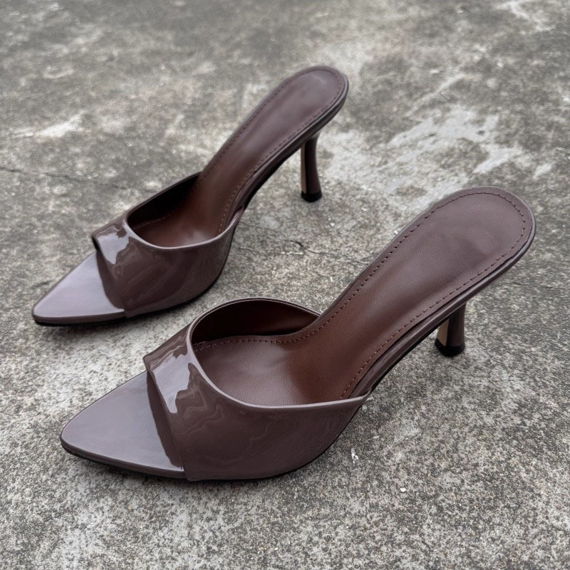 Mngi Style Cross-Border Solid Color High-Heeled Shoes for Women, New Patent Leather Thin Heel Pointed Toe Peep-Toe High-Heeled Sandals for Women