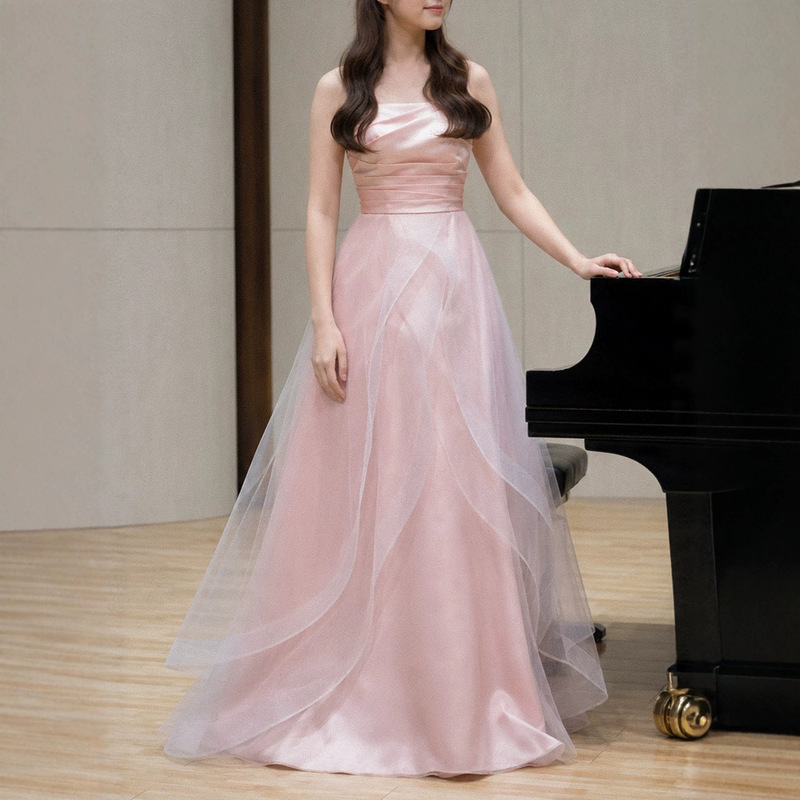 Evening dress in pink, super fairy-like, strapless, simple and elegant, suitable for birthday parties, piano performances, small formal dresses, colorful tulle, light wedding dress for women Evening dress in pink, super fairy-like, strapless, simple and elegant, suitable for birthday parties, piano performances, small formal dresses, colorful tulle, light wedding dress for women