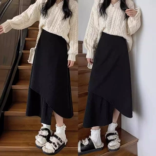 胖mm大码女装黑色半身裙女不规则西装裙中长款A字裙高腰遮胯伞裙