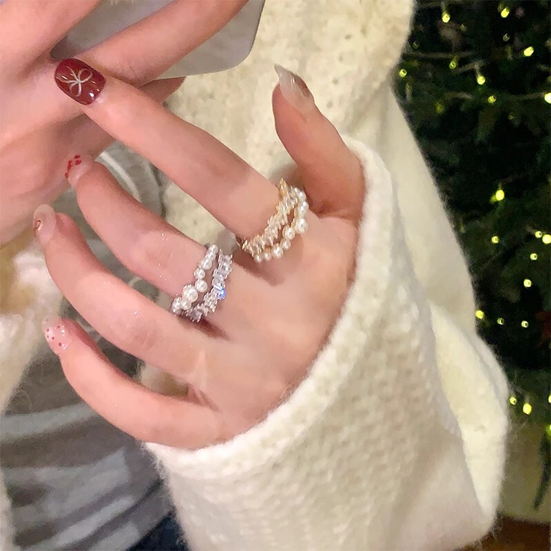 Starry Galaxy ~ Starry Sky Pearl Double-Layer Open Ring High-End Light Luxury Niche Ring Fashion Index Finger Ring