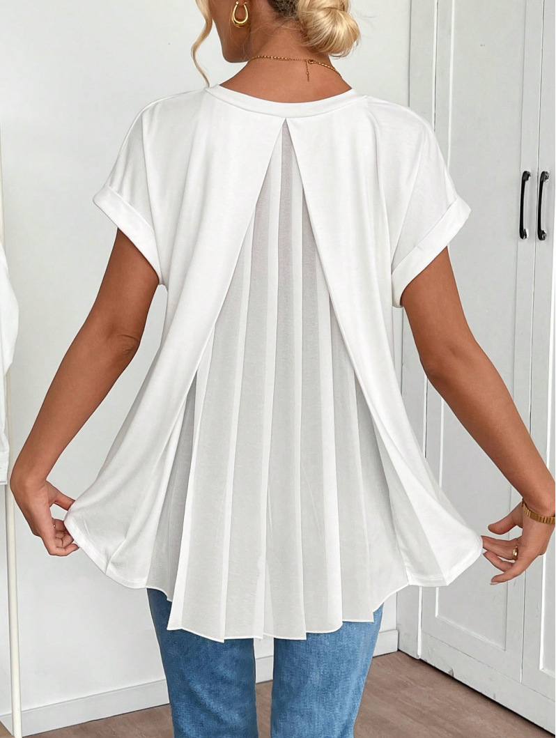 Women's Clothing Spring Women's Cross Border Top V Neck Short Sleeve Pleated Fashionable And Stylish Women's Clothing_ecoleips.com
