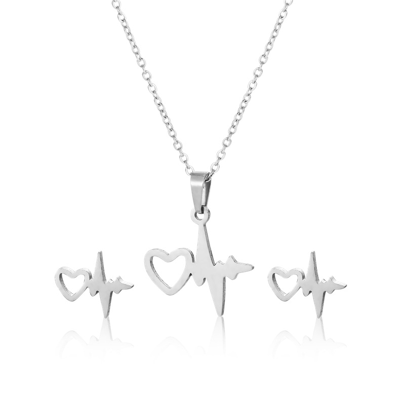 AliExpress New Accessories Fashion Heart-Shaped ECG Necklace and Earring Suit Stainless Steel Heart 