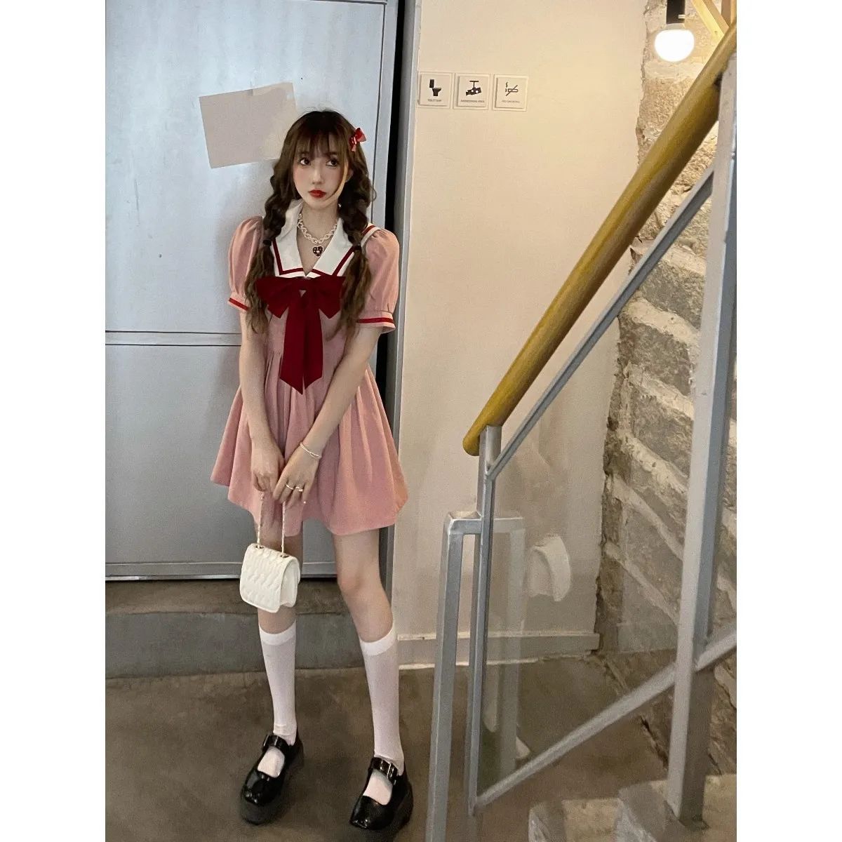 (2개) 퍼프 슬리브 달콤한 소녀의 꽉 허리 슬리밍 핑크 해군 칼라 원피스 큰 활 높은 허리 우산 스커트
