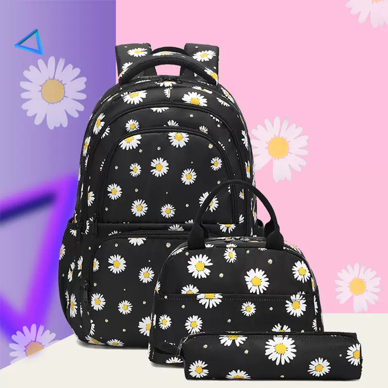跨境小学生书包1-3-6年级护脊小雏菊印花双肩包女儿童背包三件套