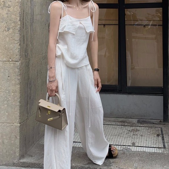 Casual Fashion For Women Summer Ruffled White Camisole Top High Waist Wide Leg Pants Two-Piece Set_ecoleips.com