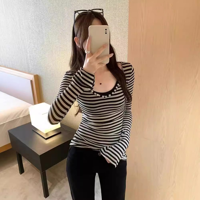 Spice Girls Big V-neck Pure Button Stripe Slim-fit Thin Autumn New Long-sleeved Blouse T-shirt Women's All-match Top