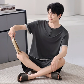 莫代尔睡衣男士夏季短袖短裤青少年可外穿纯色薄款家居服两件套装