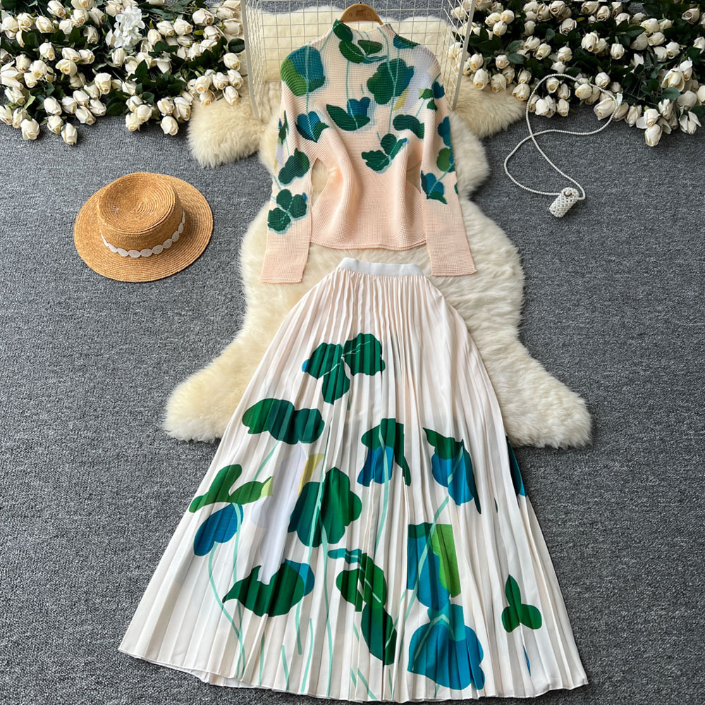Women's Clothing celebrities elegant pleated print mid neck long sleeved tops for women high waist slim pleated skirt autumn set D_voghion.com