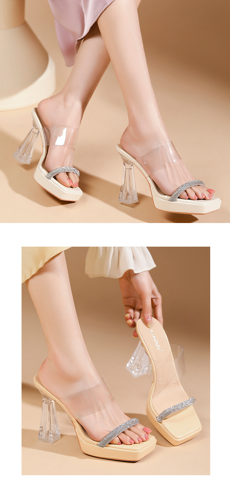 Sandal cao gót nữ quai một dây trong suốt, mũi vuông hở ngón, đế platform, gót 11 cm — Vàng nhạt-11cm chi tiết 7