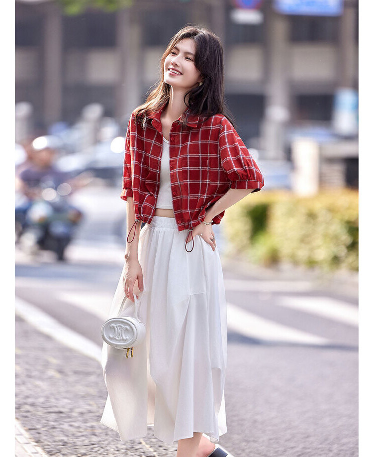 Áo sơ mi nữ cổ bẻ ngắn tay phong cách Nhật Bản kẻ sọc đỏ — kẻ sọc đỏ chi tiết 4