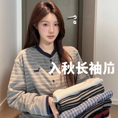 韩系复古学院风条纹撞色新款纽扣长袖t恤衫女秋2025新款百搭上衣