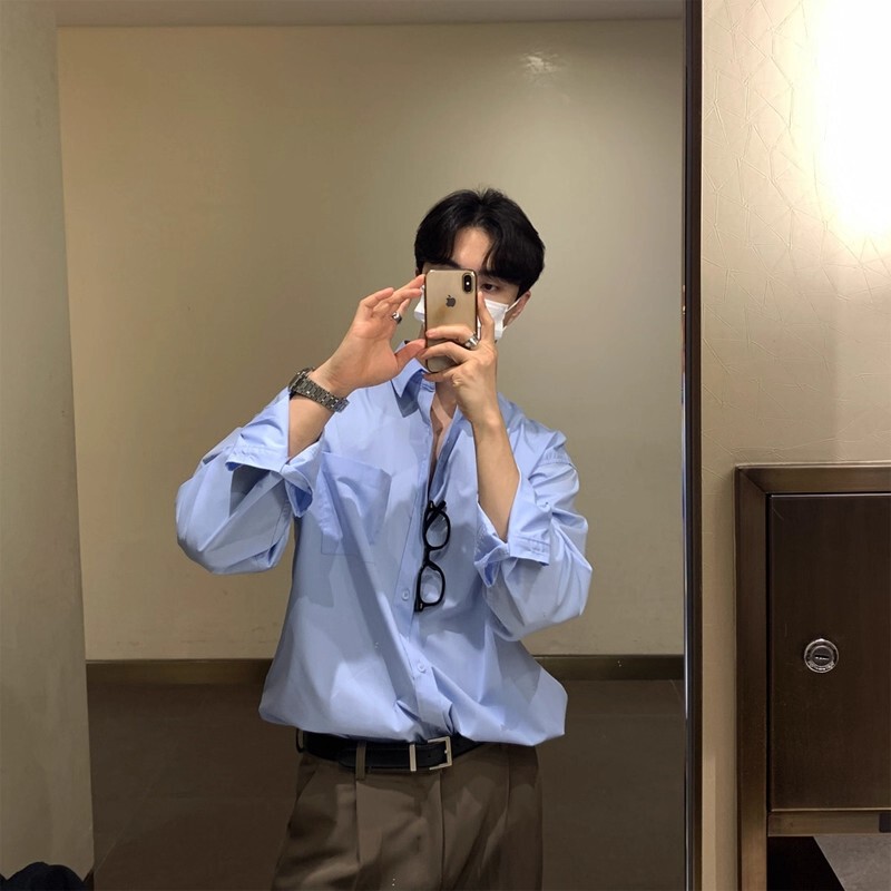 British Style High-End Blue Shirt for Men, Summer Thin Suit, Solid Color Inner Wear, Long-Sleeved Shirt, Light Mature Style Jacket