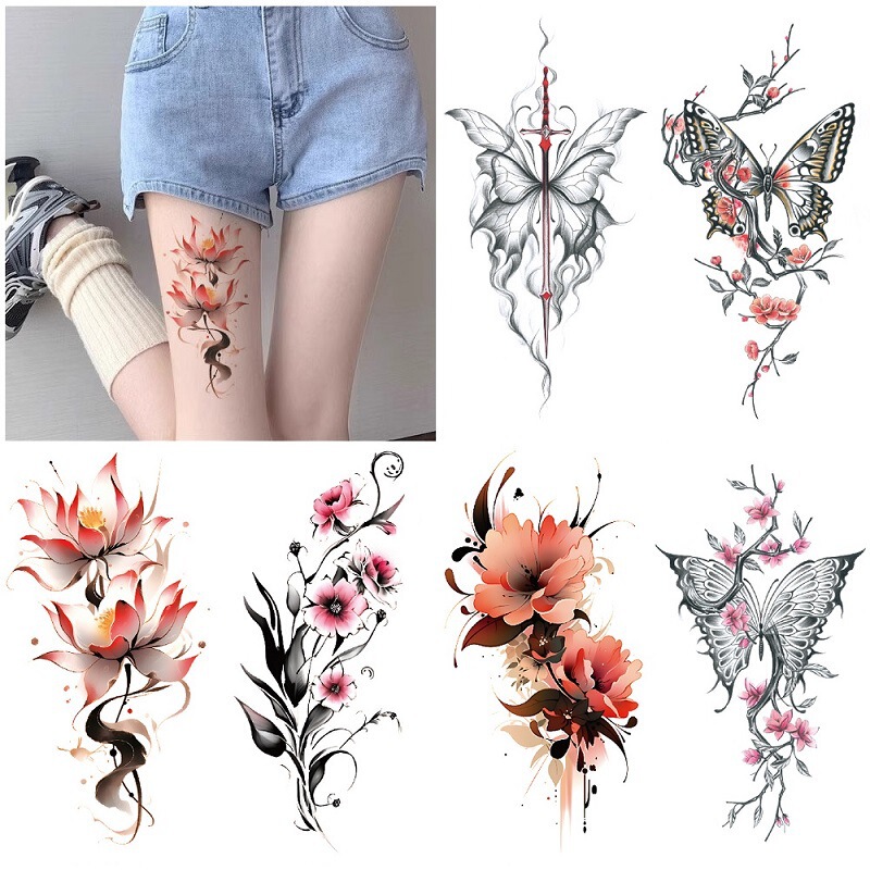 New butterfly colorful flower lotus rose waterproof disposable tattoo stickers female simulation cross-border suit small full arm