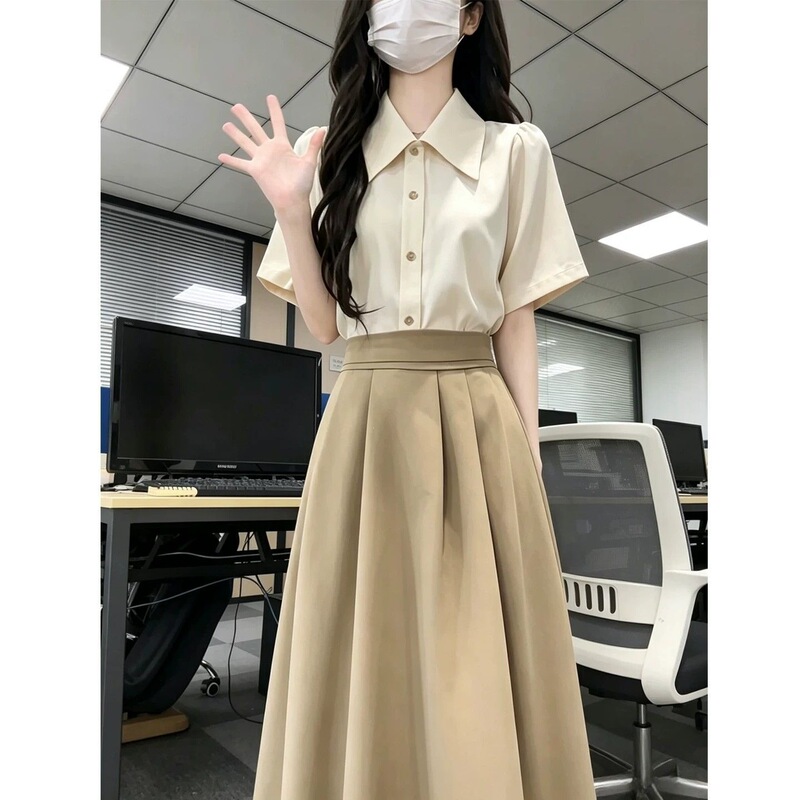 Apricot-Colored Short-Sleeved Shirt for Women, New Summer Style for College Students, Suitable for Postgraduate Entrance Exams, Commuting, Teaching Qualification Interviews, and as a New Skirt Set