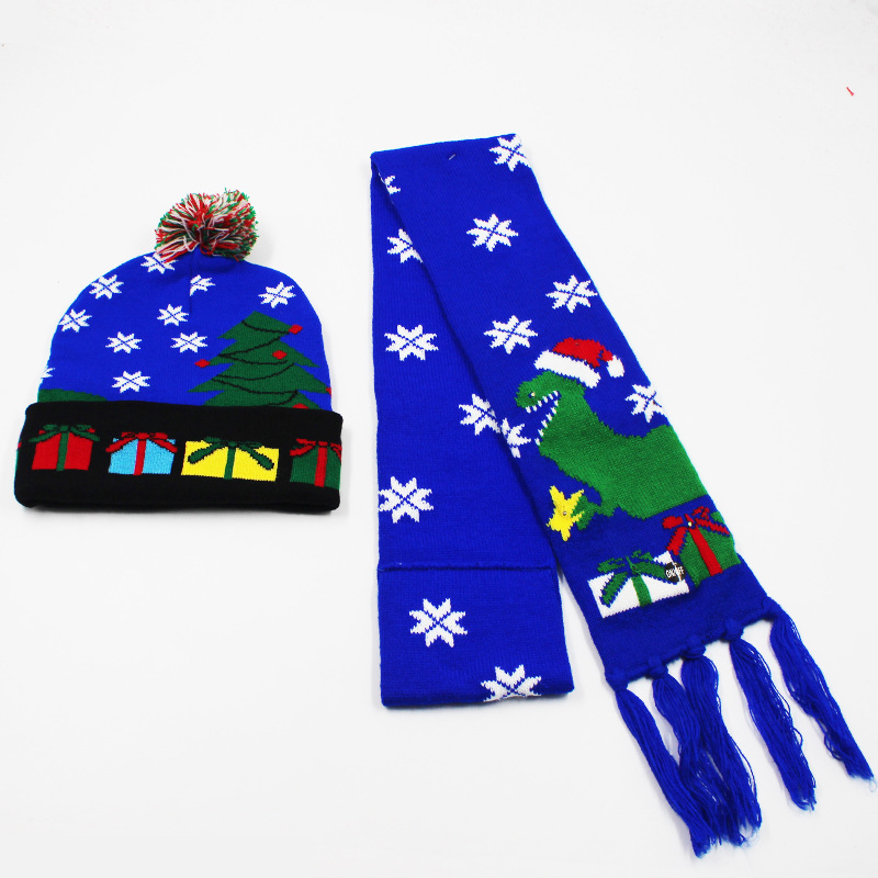 Fabricante transfronterizo de gorros navideños europeos y americanos tejidos en jacquard, gorros navideños de lana con luces LED, gorros navideños con pompón y bufandas. image 51