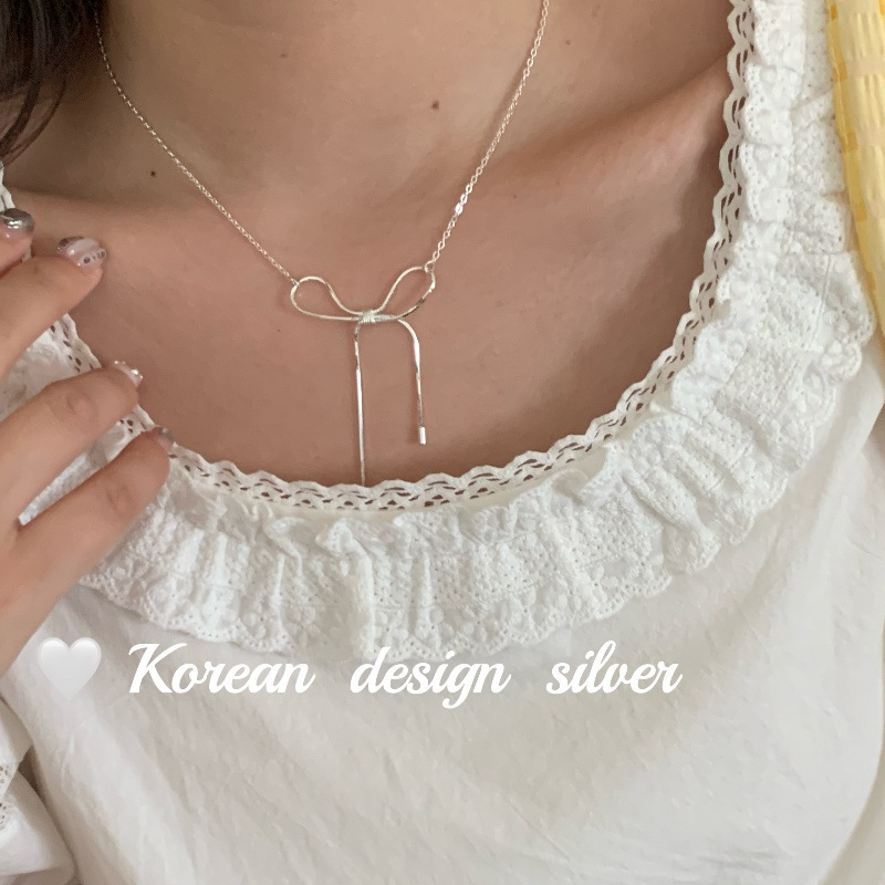 韓版ins風簡約小眾銀飾品 S925純銀蝴蝶結可移動項鍊疊戴鎖骨鏈女