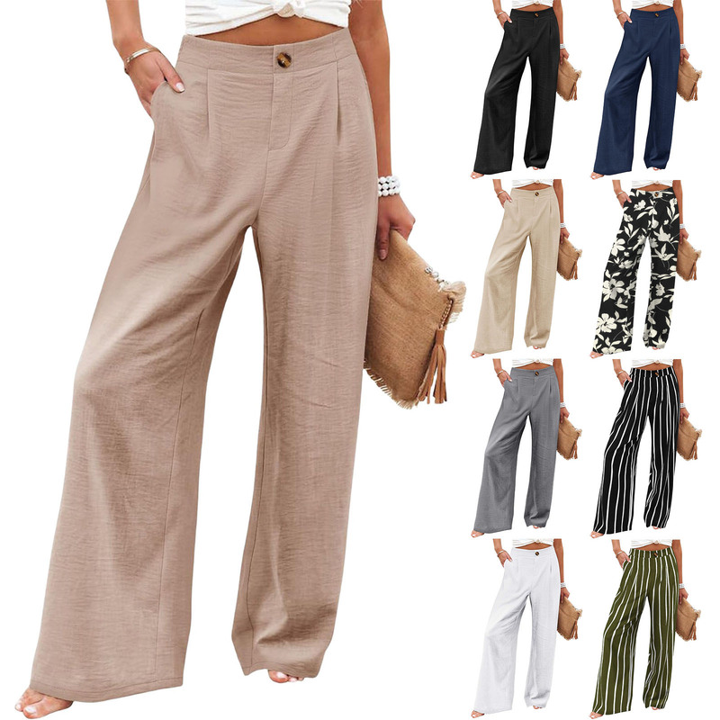 2024 Cross-Border Amazon European and American Summer Plaid High Waist Trousers Button Elastic Waist Wide Leg Pants Women's Casual Straight-Leg Pants 2024 Cross-Border Amazon European and American Summer Plaid High Waist Trousers Button Elastic Waist Wide Leg Pants Women's Casual Straight-Leg Pants