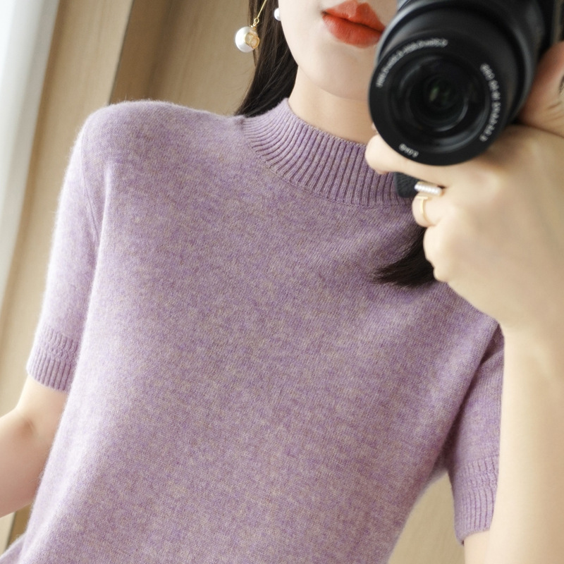 Spring and Autumn New Half Turtleneck Short Sleeve Sweater Women's Loose Short Bottoming Half Sleeve Sweater Half Turtleneck Short Sleeve