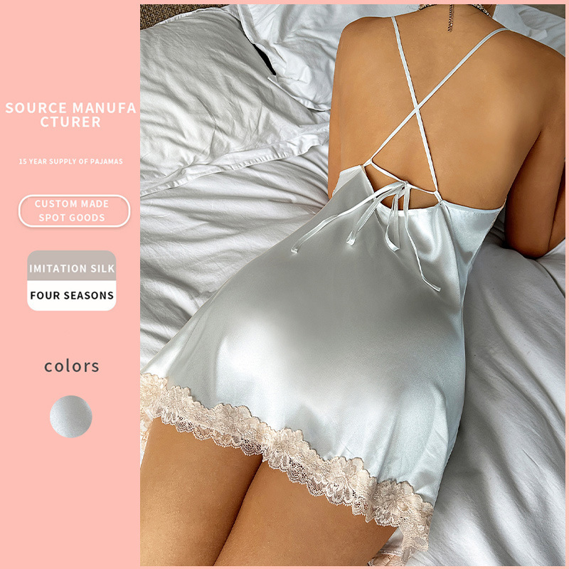 Simple Silk Nightdress Cross Backless Skirt Home Clothes Ice Silk Pajamas Women's Casual Breathable Sling dress Simple Silk Nightdress Cross Backless Skirt Home Clothes Ice Silk Pajamas Women's Casual Breathable Sling dress
