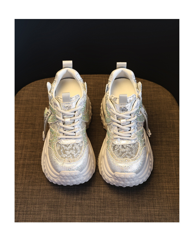 Giày sneaker nữ đế dày tăng chiều cao, mặt lưới đính đá rhinestone — Màu sắc rực rỡ bạc chi tiết 18