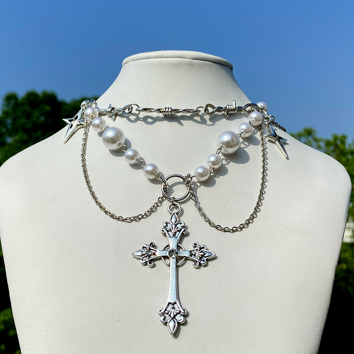 Jewelry Spicy Girl Beaded Crowd Y2K Love Artificial Pearl Cross Choker Necklace_voghion.com