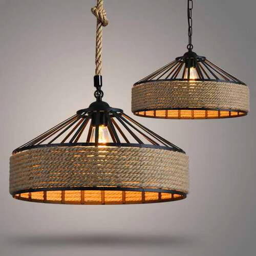 American country hemp rope restaurant chandelier Personalized Nordic clothing store milk tea shop round iron LED creative chandelier