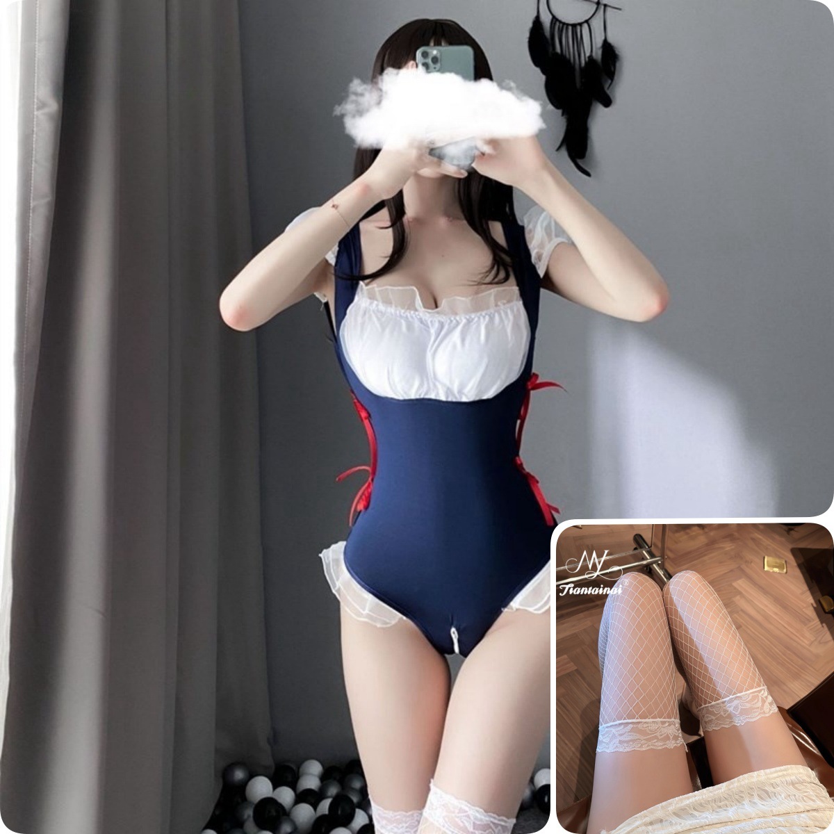 퓨어 디자이어 메이드 점프수트(블루) + 화이트 롱 피쉬넷 스타킹