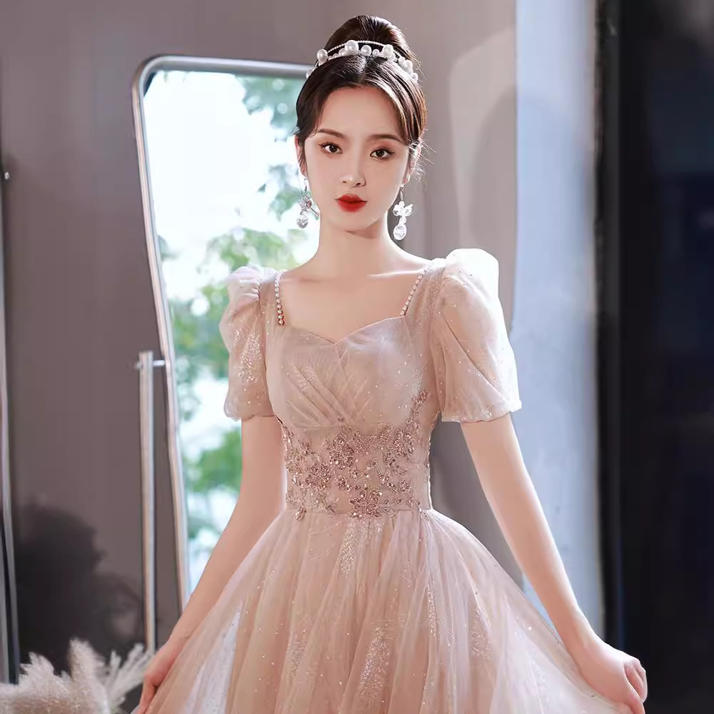Champagne Evening Dress Square Collar Bubble Short Sleeve dress 2025 New Banquet Birthday Party Performance Dress