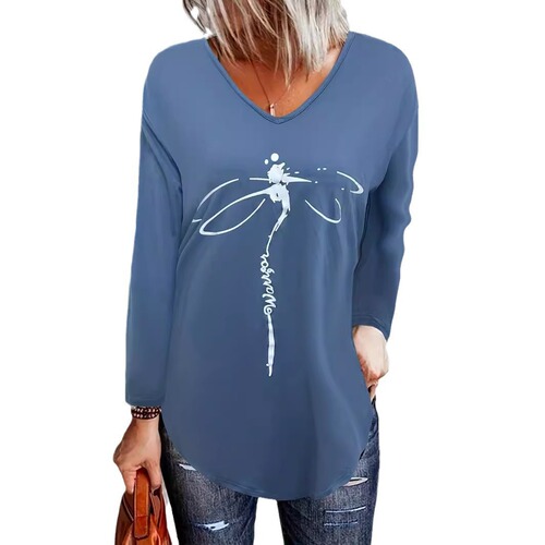 European and American Cross-Border Women's Long-Sleeve T-Shirts, Bamboo Dragonfly Design, Women's V-Neck Tops—Loose Fit, Bestselling for Summer