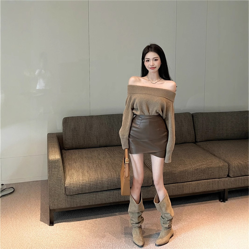 大きいサイズの太った妹のカレー色の小さい皮のスカートの秋のギャルのPUの半身のスカートの女性のハイウエストは股を遮ってヒップのスカートのa字のスカートを包みます|undefined