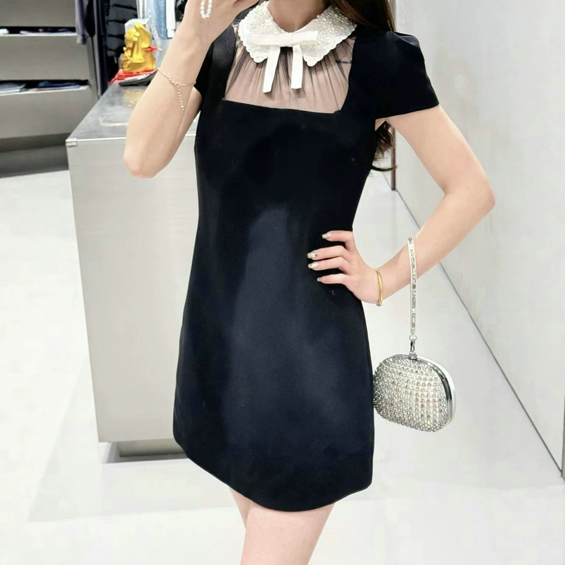 French-style new women's little black dress with mesh splicing, see-through collar, lace doll collar, bow tie, waist-cinching, slimming dress