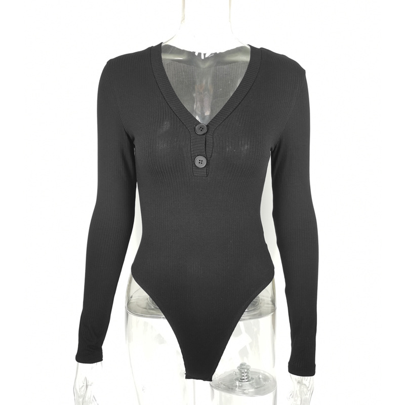 Top de Manga Larga de una Pieza, Ajustado, Sexy, con Escote en V Profundo y Botones, de Algodón Puro Acanalado, Moda Europea y Americana Otoño/Invierno 2025