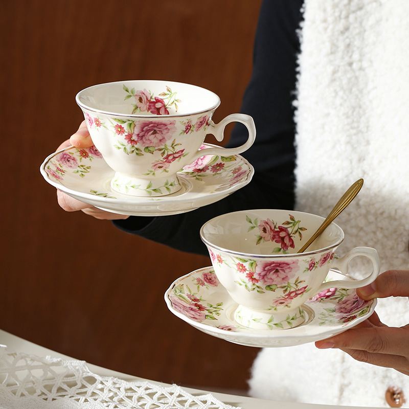 Retro European-Style Peony Coffee Cup, English-Style High-Value Gold-Painted Ceramic Cup and Saucer, Home-Use Light Luxury Afternoon Tea Cup