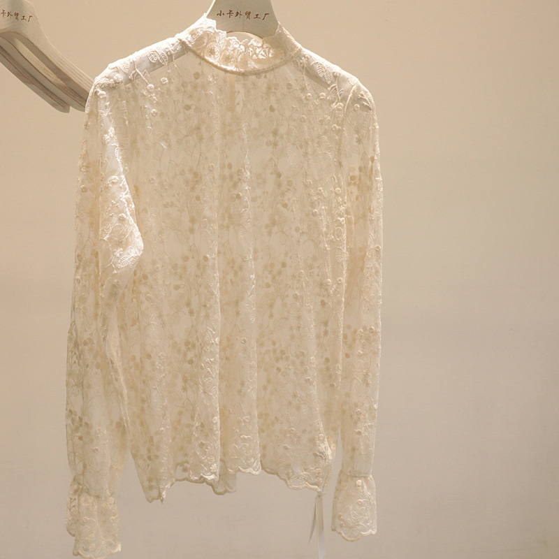 Artifact in autumn and winter! Flower Embroidered Trumpet Sleeve Mock High Collar Lace Shirt Women's Sweet All-match Base Shirt Top