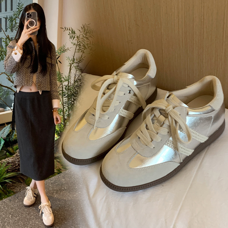 322-4 silver De Training Shoes Women's Inner Height Increasing Casual Shoes Board Shoes Wide Fat Flat White Shoes Widened plus size Women's Shoes