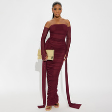 外贸欧美风女装冬季新款纯色一字领长袖网纱褶皱修身飘带连衣裙女