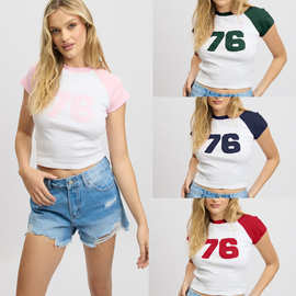 2025夏季新款欧美印花数字圆领短款修身T恤女装