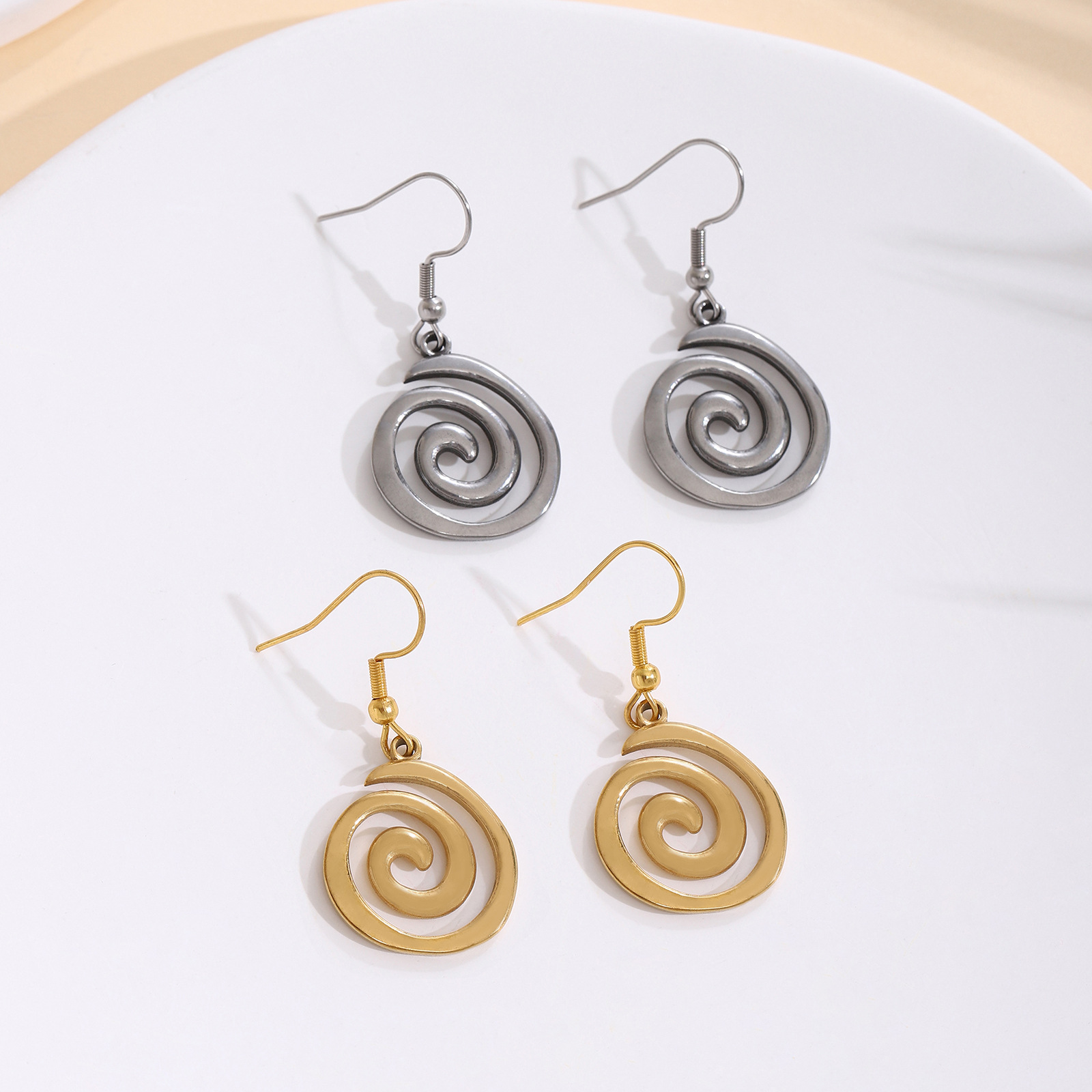 Cross-Border European and American New Stainless Steel Spiral Swirl Pendant Ear Hooks Simple Retro Earrings Women's Earrings Jewelry