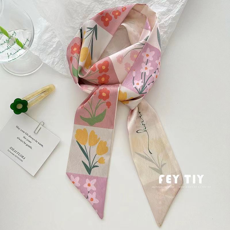 Cinta de primavera impresión larga estrecha ángulo pequeña bufanda de seda elegante estilo coreano banda de pelo bolsa de accesorios para el cabello entrega de una sola pieza