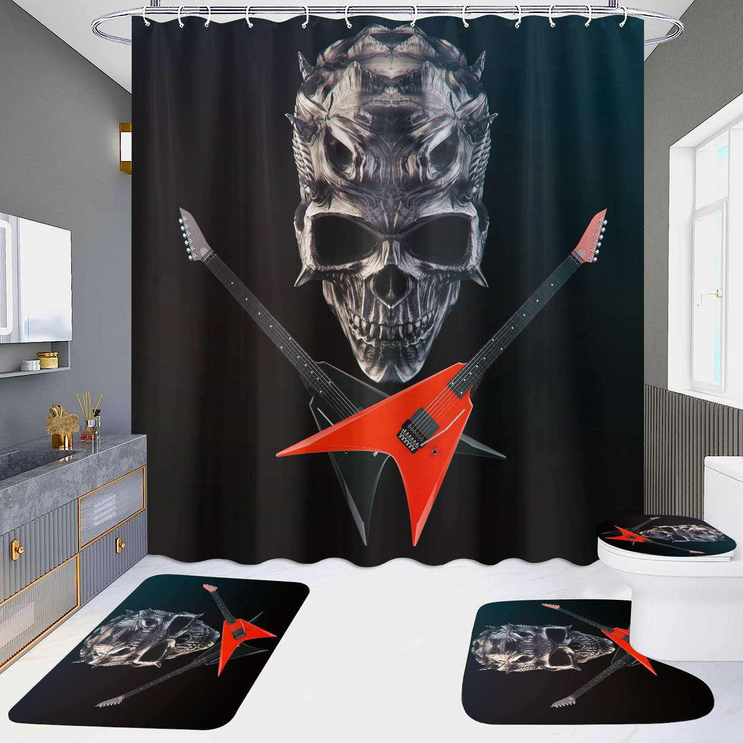 Cortina de ducha de suministro directo transfronterizo conjunto de cuatro piezas hd impermeable sin perforaciones baño hotel baño partición cortina wansheng cráneo