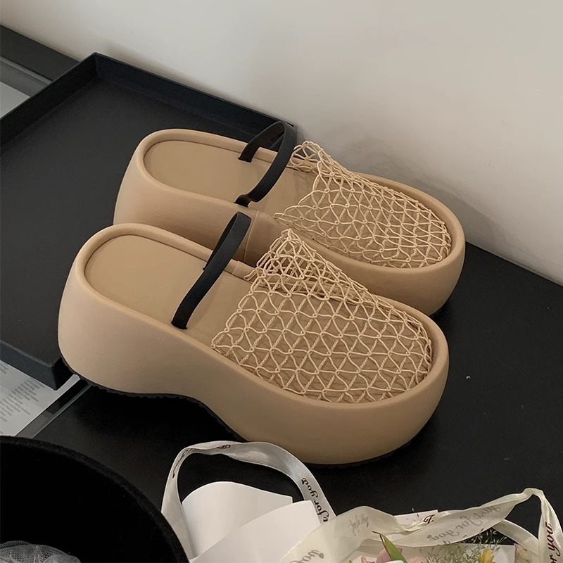 2025 nuevo diseño de verano, malla hueca y transpirable, medio arrastre, suela gruesa, zapatos de plataforma romana, sandalias para mujer