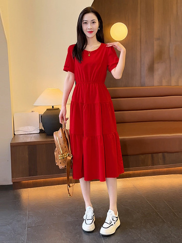 Summer Short-Sleeve Dress for Women, Medium-Long Length, 2025, Elegant, Slimming, Waist-Clinching, Fashionable, High-Waist Round Neck Dress