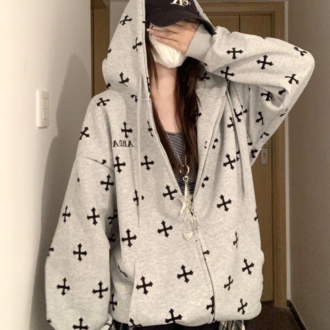美式复古满印涂鸦连帽开衫卫衣女春秋宽松慵懒风小众拉链外套